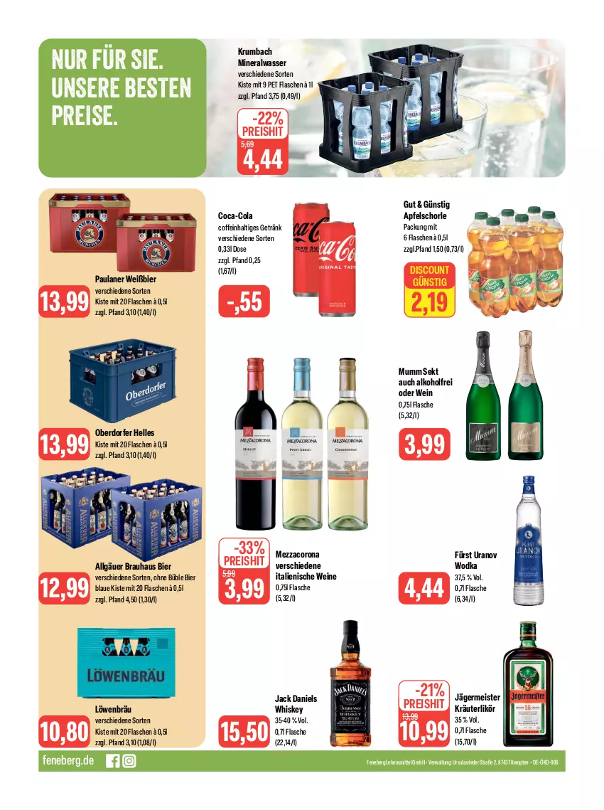 Aktueller Prospekt Feneberg - Prospekte - von 12.10 bis 14.10.2023 - strona 12 - produkty: alkohol, Alwa, apfel, Apfelschorle, bier, coca-cola, coffein, cola, corona, discount, eis, elle, flasche, Germ, getränk, jack daniel, jack daniels, jägermeister, kräuter, kräuterlikör, krumbach, lebensmittel, LG, likör, Meister, mezzacorona, mineralwasser, mumm, Paula, paulaner, reis, rum, schorle, sekt, Ti, wasser, wein, weine, whiskey, wodka