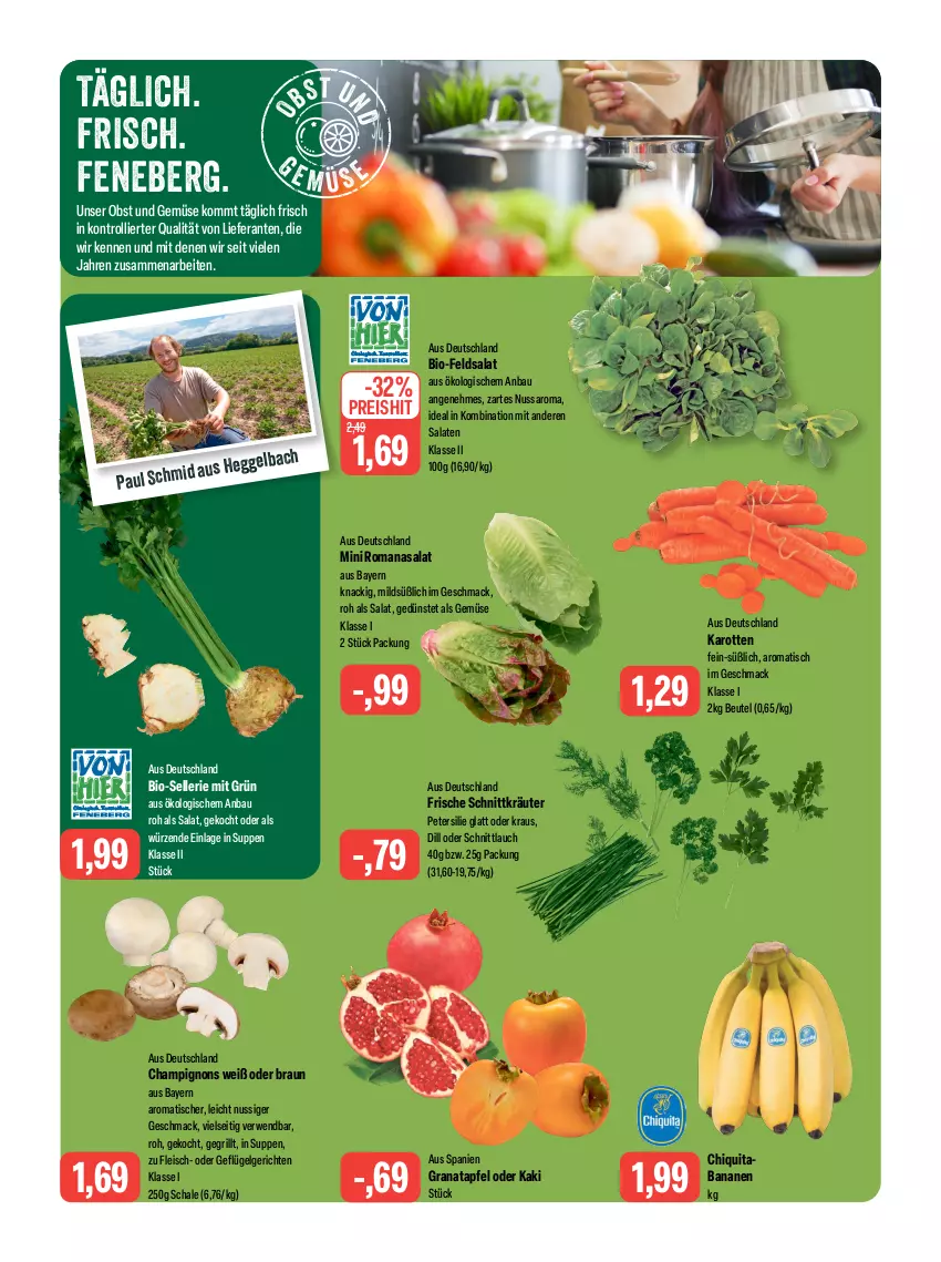 Aktueller Prospekt Feneberg - Prospekte - von 12.10 bis 14.10.2023 - strona 6 - produkty: apfel, banane, bananen, Bau, beutel, bio, braun, champignon, champignons, chiquita, eis, elle, feldsalat, fleisch, Geflügel, grana, granatapfel, grill, Kaki, karotten, kräuter, LG, mac, nuss, obst, Obst und Gemüse, petersilie, Rana, reis, Romanasalat, rwe, salat, salate, saro, Schal, Schale, schnittlauch, suppe, suppen, Ti, tisch, trolli, und gemüse