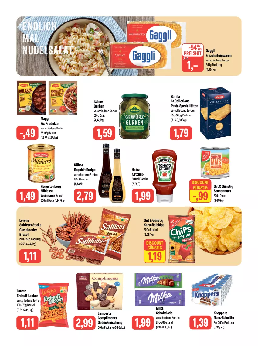 Aktueller Prospekt Feneberg - Prospekte - von 12.10 bis 14.10.2023 - strona 9 - produkty: Amber, auer, barilla, beutel, brezel, chips, discount, eis, essig, flasche, gaggli, gebäckmischung, gurke, gurken, heinz, hengstenberg, kartoffel, kartoffelchips, ketchup, knoppers, Kraut, Kühne, lambertz, lorenz, maggi, maggi fix, mais, milka, milka schokolade, nudel, nudelsalat, nuss, pasta, reis, salat, saltletts, Sauerkraut, schoko, schokolade, Spezi, teigwaren, Ti, wein, Weinsauerkraut