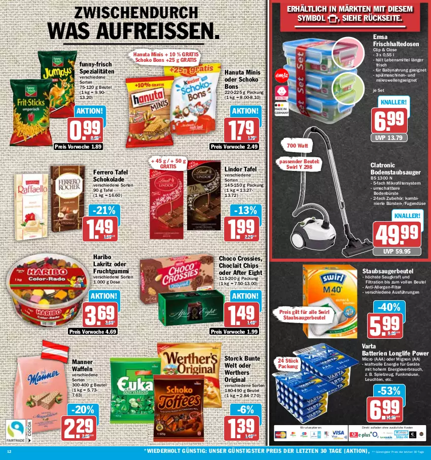 Aktueller Prospekt Hit - Prospekte - von 20.02 bis 25.02.2023 - strona 12 - produkty: after eight, Babynahrung, batterie, batterien, beutel, bodenstaubsauger, bürste, bürsten, chips, choclait chips, choco crossies, crossies, eis, elle, emsa, ferrero, frischhaltedosen, frucht, fruchtgummi, funny-frisch, gin, hanuta, haribo, kraft, Lakritz, lebensmittel, Leuchte, leuchten, lindor, longlife, Manner, mikrowelle, Rauch, reis, reiss, Schal, schoko, schokolade, Spezi, spielzeug, spülmaschinen, staubsauger, staubsaugerbeutel, storck, swirl, Ti, Tiere, varta, waffeln, ZTE