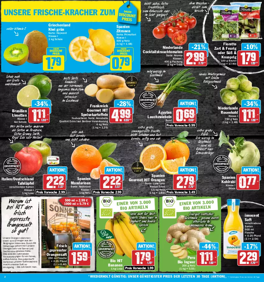 Aktueller Prospekt Hit - Prospekte - von 20.02 bis 25.02.2023 - strona 2 - produkty: auer, banane, bananen, beko, berliner, beutel, bio, bio hit, cocktail, cocktails, discount, eis, elle, flasche, fleisch, florette, frucht, früchte, fruchtfleisch, ilag, ingwer, Innocent, joghur, joghurt, kartoffel, kartoffeln, kiwi, kohlrabi, kracher, Lauchzwiebel, lauchzwiebeln, LG, limette, limetten, mac, mandarine, mandarinen, Mett, metten, obst, Optimals, orange, orangen, orangensaft, quark, Rauch, reis, rosen, Rosenkohl, rum, saft, salat, salate, Schal, Schale, shake, speisekartoffeln, strauchtomaten, tafeläpfel, Ti, tisch, tomate, tomaten, vita, Vitamin C, Wella, zitrone, zitronen, ZTE, zwiebel, zwiebeln