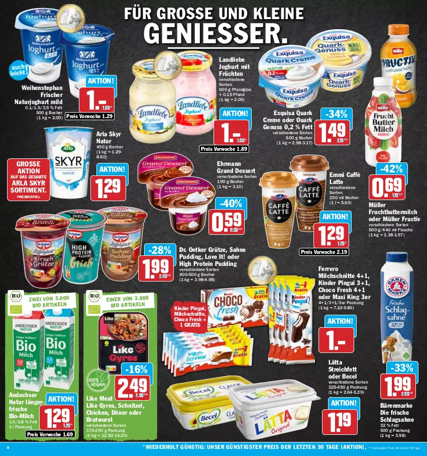 Aktueller Prospekt Hit - Prospekte - von 20.02 bis 25.02.2023 - strona 8 - produkty: andechser natur, arla, arla skyr, bärenmarke, becel, Becher, bio, bratwurst, butter, buttermilch, caffè latte, choco fresh, creme, dessert, Dr. Oetker, ehrmann, Ehrmann Grand Dessert, eis, emmi, exquisa, ferrero, flasche, frucht, früchte, früchten, grütze, gyros, joghur, joghurt, joghurt mild, Kinder, kinder pingui, landliebe, landliebe joghurt, lätta, latte, leine, Like Meat, milch, Milchschnitte, Müller, natur, naturjoghurt, nuss, pingui, pudding, quark, reis, sahne, schlagsahne, schnitzel, Skyr, Ti, weihenstephan, wurst, ZTE