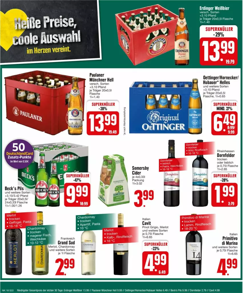 Aktueller Prospekt Edeka - Prospekte - von 29.04 bis 04.05.2024 - strona 22 - produkty: auer, Bau, Bauer, chardonnay, dornfelder, elle, erdinger, flasche, grand sud, Käse, merl, merlot, Paula, paulaner, Pinot, pinot grigio, primitivo, Ti, weichkäse