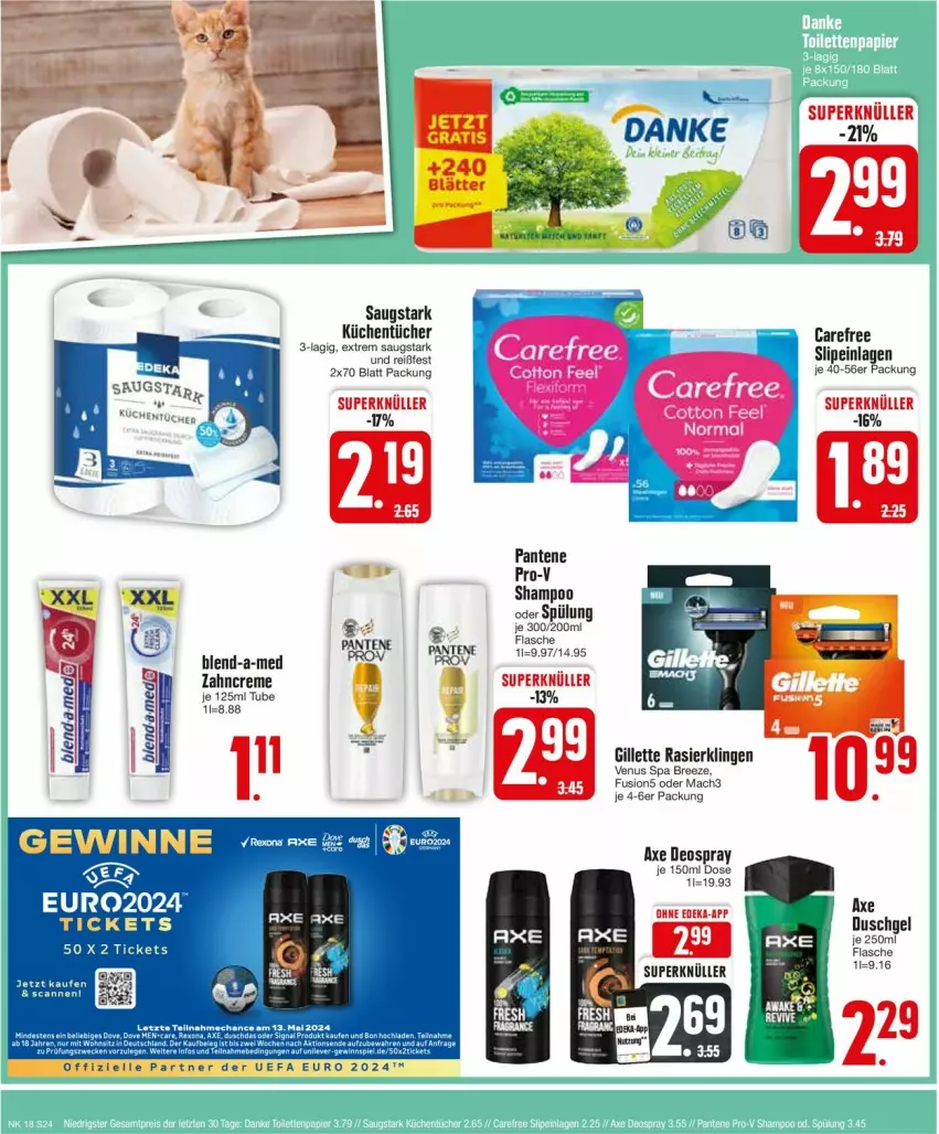 Aktueller Prospekt Edeka - Prospekte - von 29.04 bis 04.05.2024 - strona 24 - produkty: axe, blend-a-med, bree, carefree, creme, deka, deo, deospray, dove, duschgel, elle, flasche, fusion5, gillette, küche, Küchen, küchentücher, mac, mach3, pantene, pro-v, Rasierklinge, rasierklingen, shampoo, spülung, Ti, tücher, venus, zahncreme