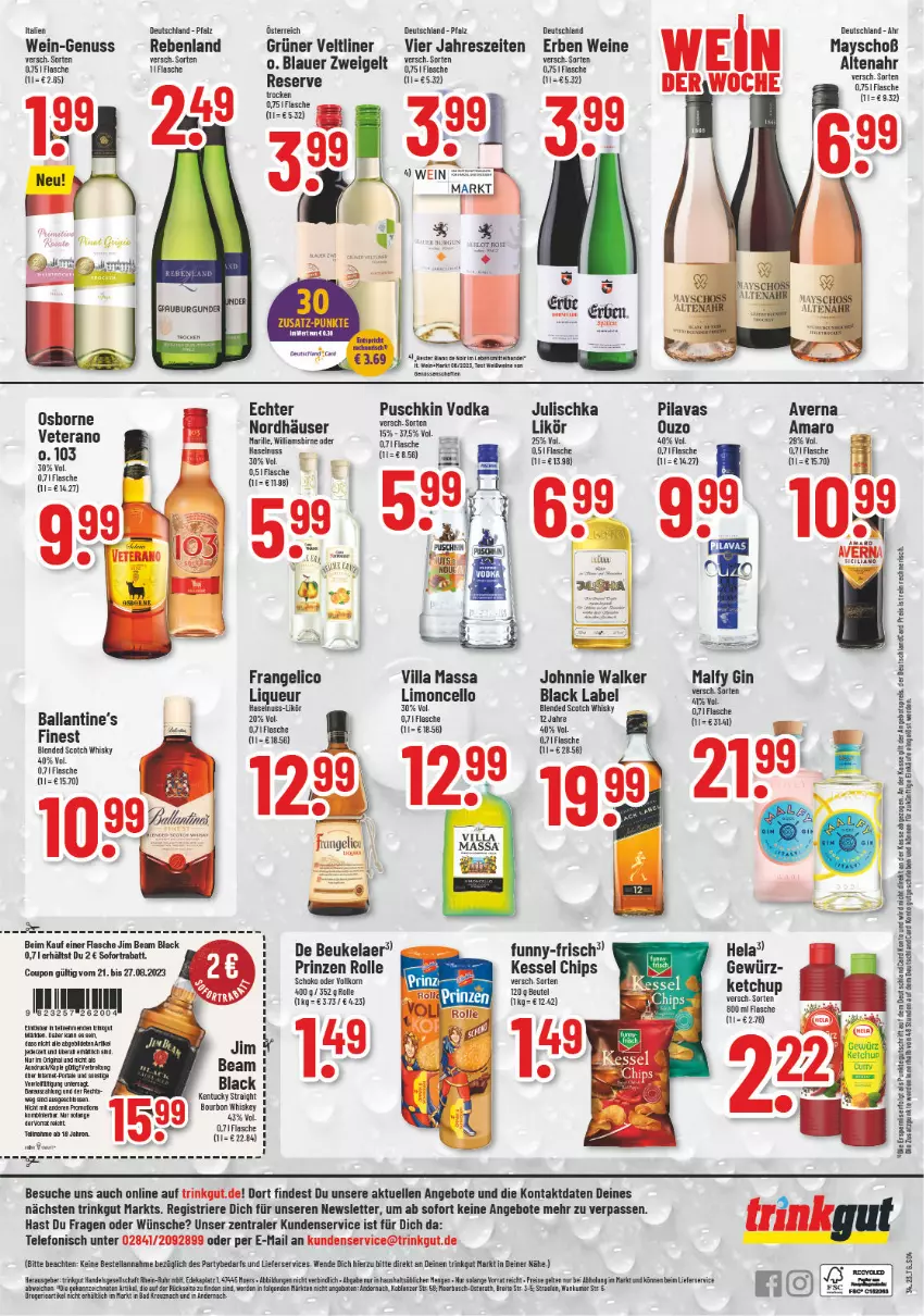 Aktueller Prospekt Trinkgut - von 21.08 bis 26.08.2023 - strona 4 - produkty: amaro, angebot, angebote, angebotspreis, auer, averna, Bad, ball, black label, blauer zweigelt, blended scotch, blended scotch whisky, bourbon, bourbon whiskey, Brei, burgunder, chips, coupon, de beukelaer, deka, deutschlandcard, eis, elle, erde, flasche, frangelico, funny-frisch, gewürz, gin, grüner veltliner, haselnuss, Hela, jim beam, johnnie walker, Julischka, kentucky straight, ketchup, korn, lack, LG, lieferservice, likör, limo, liqueur, nuss, osborne, prinzen rolle, puschkin vodka, reis, schoko, scotch, scotch whisky, sofortrabatt, telefon, Ti, tuc, uhr, vodka, wein, weine, whiskey, whisky, Zweigelt