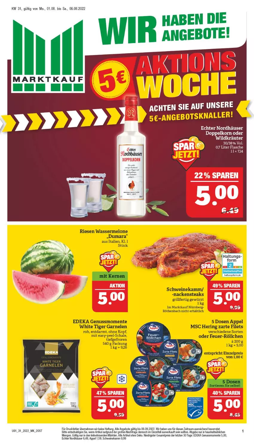 Aktueller Prospekt Marktkauf - Prospekt - von 31.07 bis 06.08.2022 - strona 1 - produkty: angebot, angebote, deka, doppelkorn, eis, ente, filet, filets, flasche, korn, nuss, reis, schwein, schweine, Ti, wein, weine, ZTE