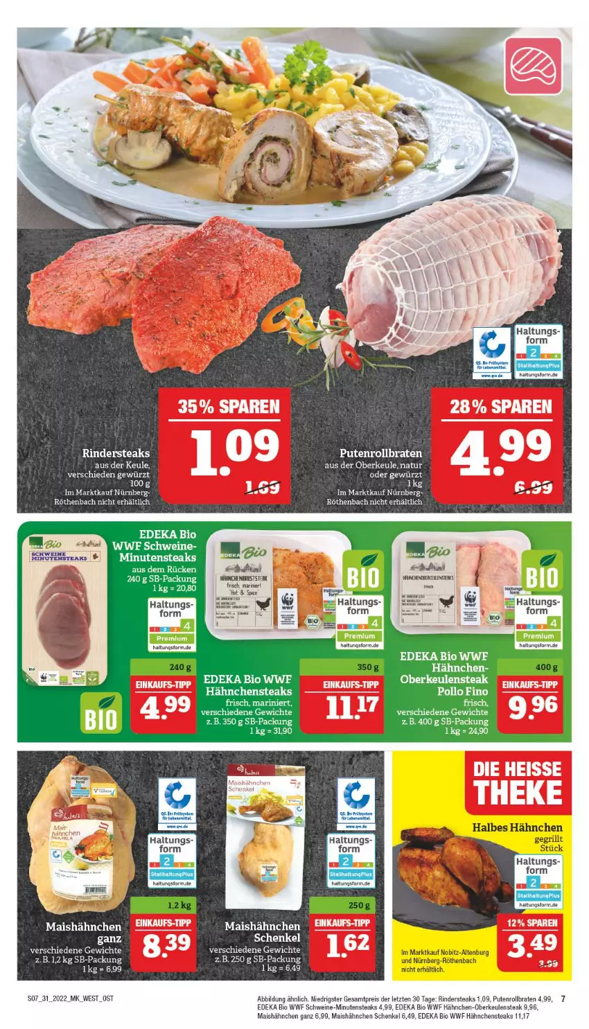 Aktueller Prospekt Marktkauf - Prospekt - von 31.07 bis 06.08.2022 - strona 11 - produkty: bio, braten, deka, edeka bio, eis, gewürz, grill, Hähnchen-Oberkeulen, Hähnchensteak, hähnchensteaks, henkel, mais, minutensteaks, natur, Pollo Fino, pute, Putenrollbraten, reis, rind, rinder, Rindersteak, rollbraten, schenkel, schwein, schweine, steak, steaks, wein, weine, ZTE