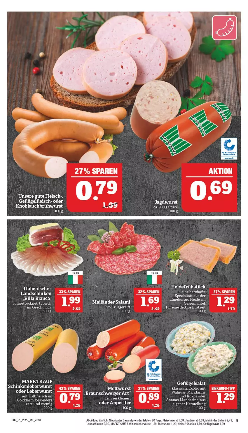 Aktueller Prospekt Marktkauf - Prospekt - von 31.07 bis 06.08.2022 - strona 13 - produkty: ananas, Brühwurst, eis, ente, fleisch, fleischwurst, Geflügel, geflügelsalat, heidefrühstück, jagdwurst, Kalbfleisch, knoblauch, Knoblauchbrühwurst, kokos, landschinken, leberwurst, mac, mandarine, Mett, mettwurst, mit kalbfleisch, nuss, reis, salami, salat, schinken, Spezi, tee, Ti, walnuss, wurst, ZTE