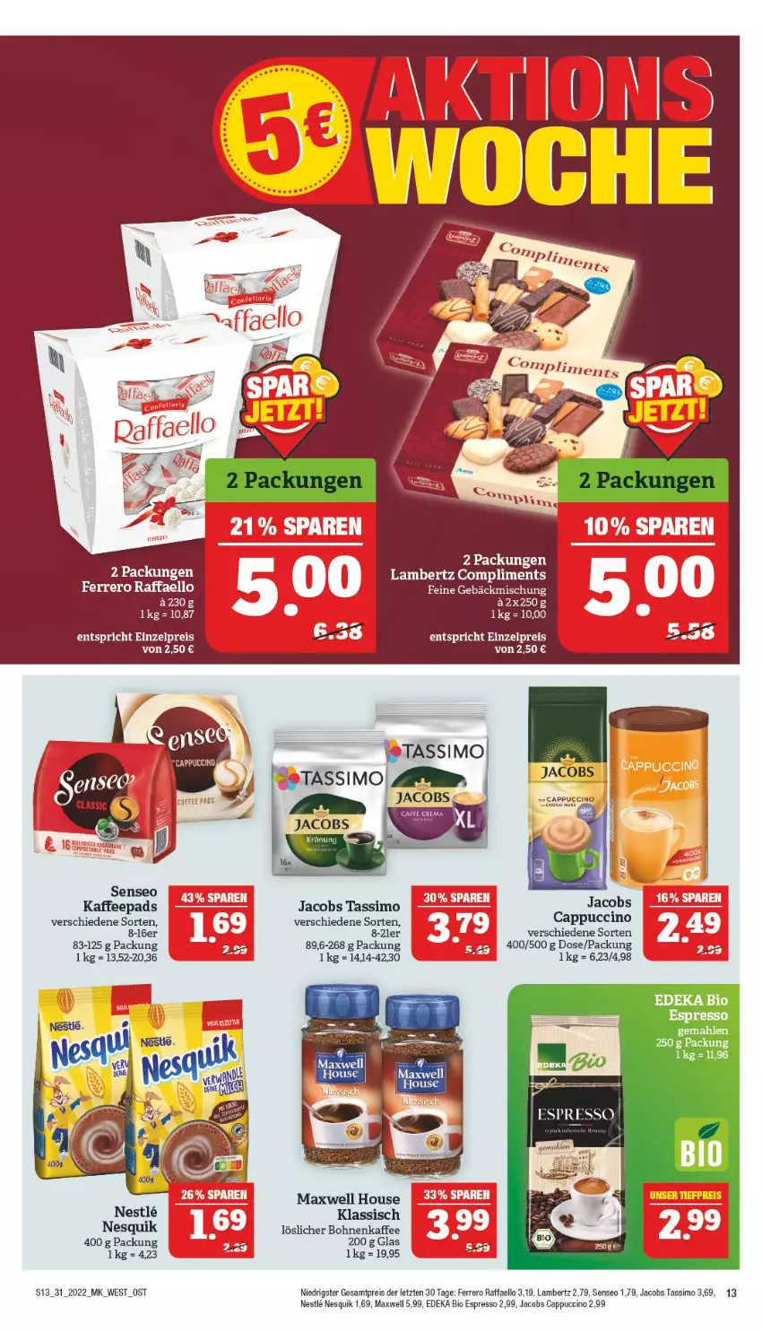 Aktueller Prospekt Marktkauf - Prospekt - von 31.07 bis 06.08.2022 - strona 17 - produkty: Amber, bio, bohne, bohnen, bohnenkaffee, Cap, cappuccino, cin, deka, edeka bio, eis, espresso, Feine Gebäckmischung, ferrero, gebäckmischung, jacobs, jacobs tassimo, kaffee, kaffeepads, lambertz, löslicher bohnenkaffee, nesquik, raffaello, reis, senseo, sim, tassimo, ZTE