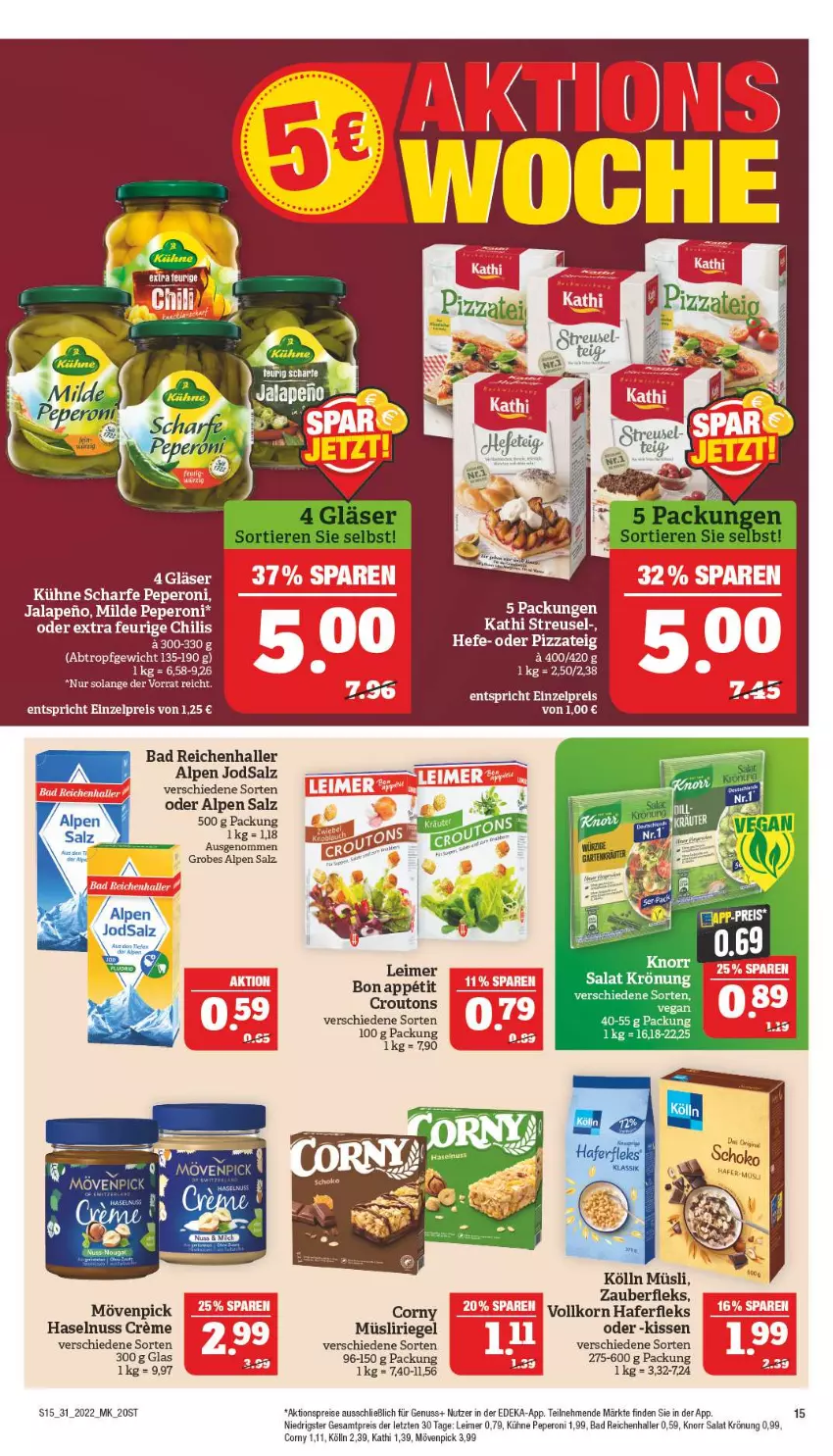 Aktueller Prospekt Marktkauf - Prospekt - von 31.07 bis 06.08.2022 - strona 19 - produkty: aktionspreis, Bad, chili, corny, croutons, deka, eier, eimer, eis, hafer, haferfleks, haselnuss, Hefe, kissen, knorr, kölln, korn, Kühne, leimer, mövenpick, müsli, Müsliriegel, nuss, peperoni, Peroni, pizza, Pizzateig, reis, riegel, salat, salz, tee, Ti, ZTE