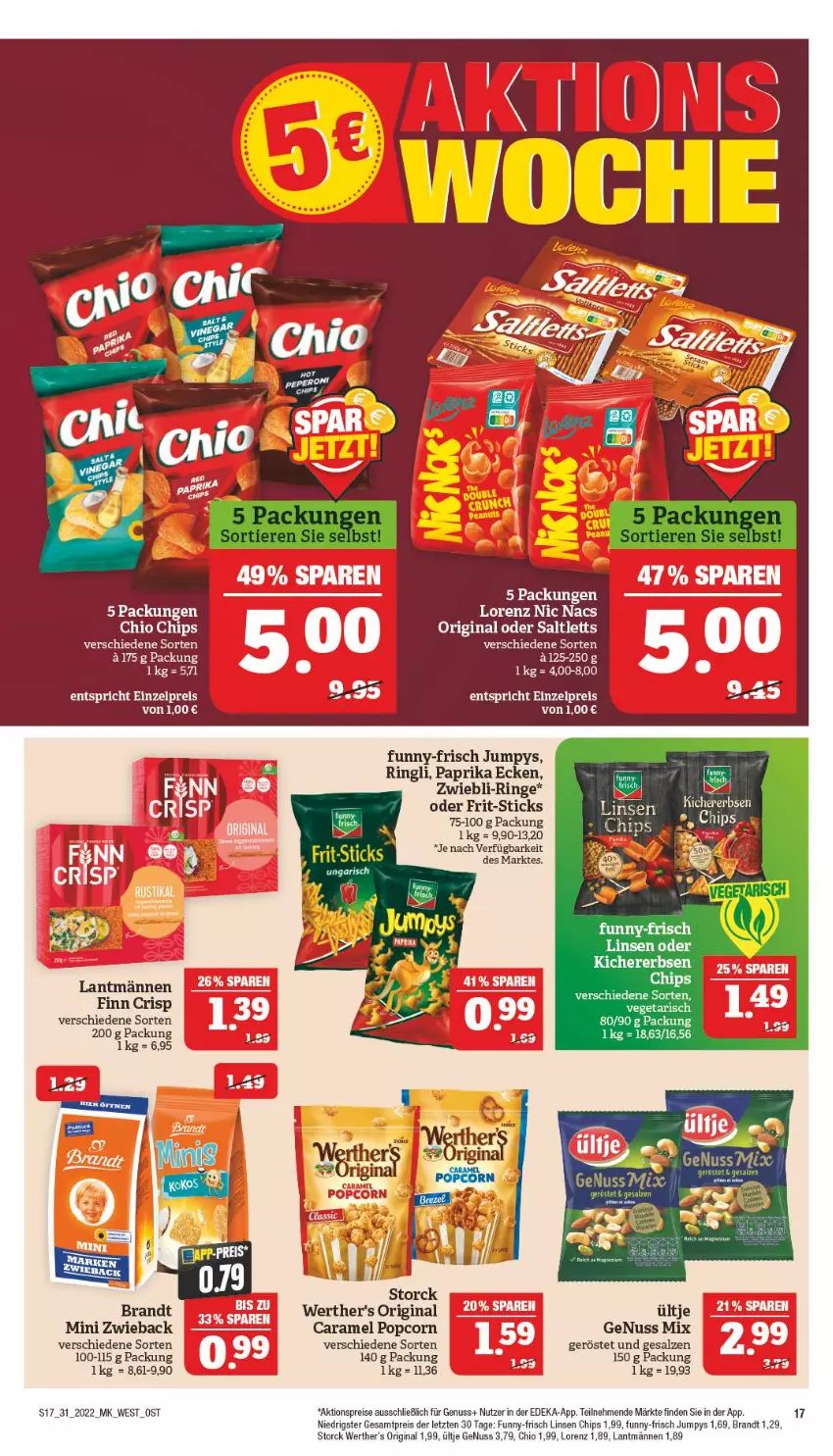 Aktueller Prospekt Marktkauf - Prospekt - von 31.07 bis 06.08.2022 - strona 21 - produkty: aktionspreis, ball, brandt, caramel, chio chips, chips, deka, eis, Frit-Sticks, funny-frisch, gin, linsen, lorenz, nuss, paprika, popcorn, reis, ring, saltletts, salz, storck, Ti, ültje, werther's, ZTE