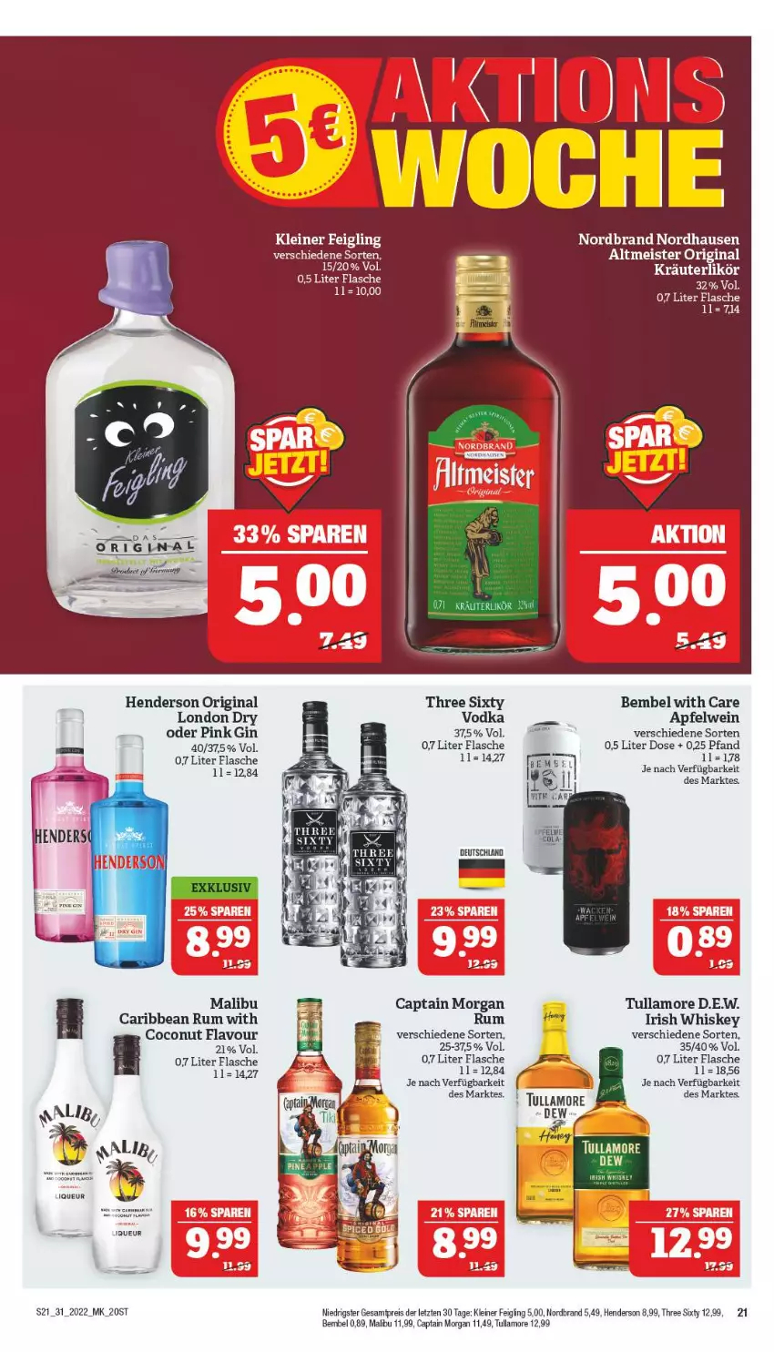 Aktueller Prospekt Marktkauf - Prospekt - von 31.07 bis 06.08.2022 - strona 25 - produkty: apfel, apfelwein, Cap, captain morgan, coconut, eier, eis, enders, flasche, gin, irish whiskey, kleiner feigling, kräuter, kräuterlikör, leine, likör, london dry, Malibu, Meister, nordbrand, reis, rum, Three Sixty, tullamore, vodka, wein, whiskey, ZTE