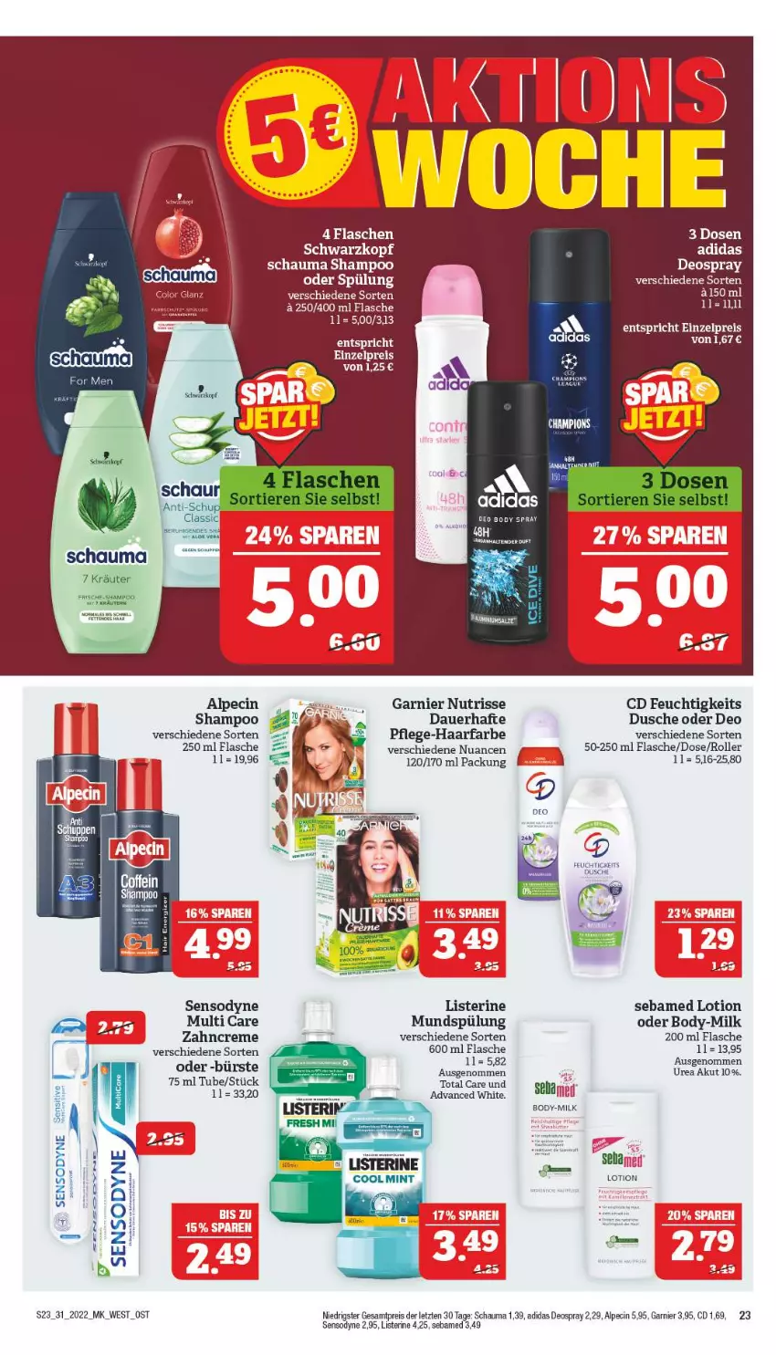 Aktueller Prospekt Marktkauf - Prospekt - von 31.07 bis 06.08.2022 - strona 27 - produkty: Adidas, alpecin, auer, bett, body, bürste, cin, creme, deo, deospray, dusche, eis, flasche, garnier, listerine, Lotion, mundspülung, Nuance, Nutrisse, reis, Roller, schauma, schauma shampoo, schwarzkop, schwarzkopf, sebamed, sensodyne, shampoo, shampoo oder spülung, spülung, tender, Ti, total care, zahncreme, ZTE