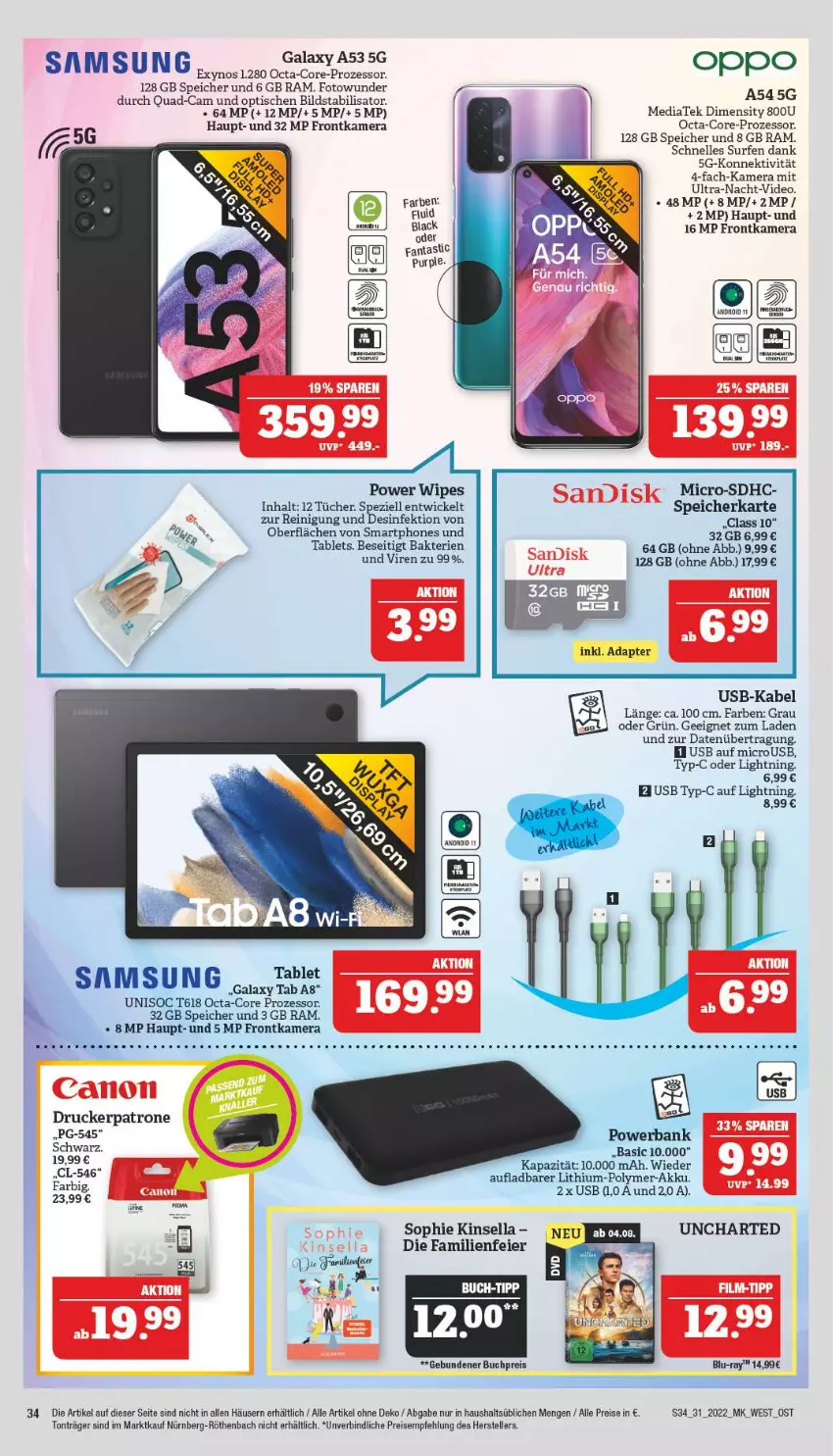 Aktueller Prospekt Marktkauf - Prospekt - von 31.07 bis 06.08.2022 - strona 38 - produkty: adapter, akku, asti, Bank, Barbie, blu-ray, buch, deo, Desinfektion, drucker, eier, eis, elle, fanta, frontkamera, HP, kamera, octa-core prozessor, Oppo, powerbank, quad, Reinigung, reis, Samsung, samsung galaxy, Samsung Galaxy A, smartphone, smartphones, speicherkarte, Spezi, Surf, tablet, Tablets, teller, Ti, tisch, tücher, usb, WICK, Yo