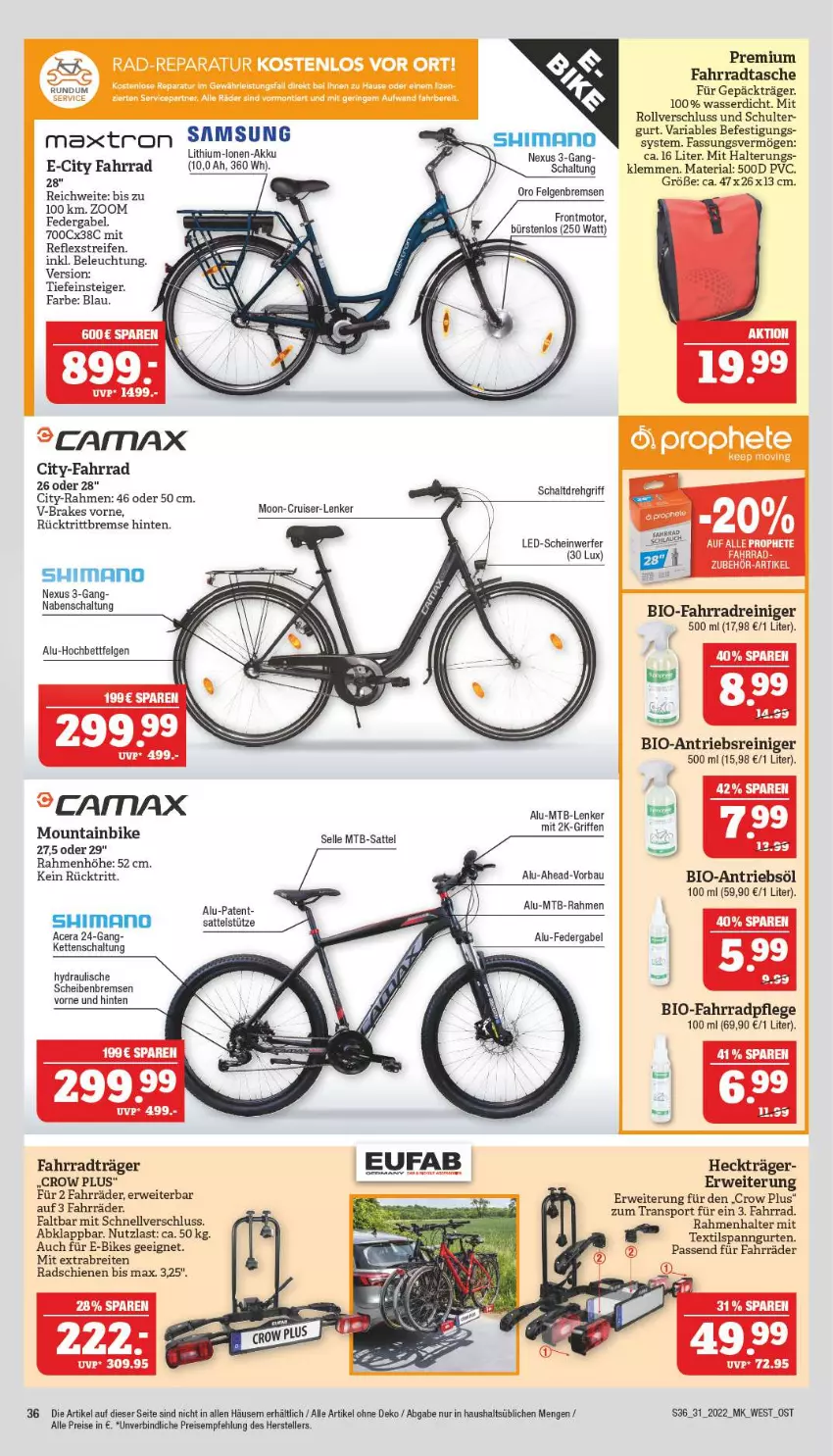 Aktueller Prospekt Marktkauf - Prospekt - von 31.07 bis 06.08.2022 - strona 40 - produkty: acer, akku, Bau, beleuchtung, bio, Brei, bürste, bürsten, E-Bike, E-Bikes, eis, elle, eufab, Fahrrad, Fahrradtasche, felgen, gabel, Heckträger, Kette, LG, Lithium-Lonen-Akku, Mountainbike, nexus, prophete, reifen, reiniger, reis, Ria, ring, rücktrittbremse, rwe, sattel, sattelstütze, Schal, shimano, Sport, Tasche, teller, Ti, wasser