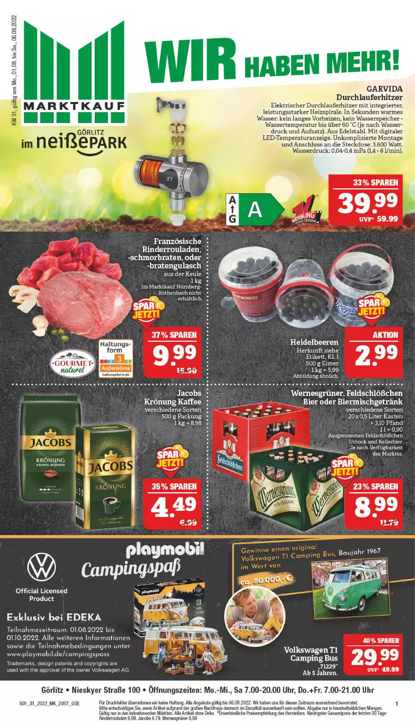 Aktueller Prospekt Marktkauf - Prospekt - von 31.07 bis 06.08.2022 - strona 5 - produkty: angebot, angebote, bier, braten, deka, edelstahl, eis, elle, jacobs, kellerbier, playmobil, reis, rind, rinder, Rinderroulade, rinderrouladen, rouladen, schmorbraten, steckdose, tee, teller, Ti, uhr, wasser, ZTE