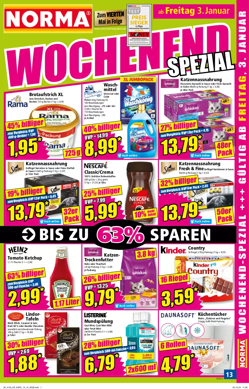 Aktueller Prospekt Norma - Norma - von 30.12.2024 bis 06.01.2025 - strona 12 - produkty: aufstrich, Becher, bohne, bohnen, bohnenkaffee, brot, brotaufstrich, caramel, cola, eis, fisch, flasche, Geflügel, gelee, kaffee, Katzentrockenfutter, ketchup, küche, Küchen, küchentücher, LG, lindor, löslicher bohnenkaffee, milch, mint, mundspülung, Nassnahrung, pingui, Ria, riegel, salz, sauce, spülung, thunfisch, Ti, tomato ketchup, trockenfutter, tücher, waschmittel