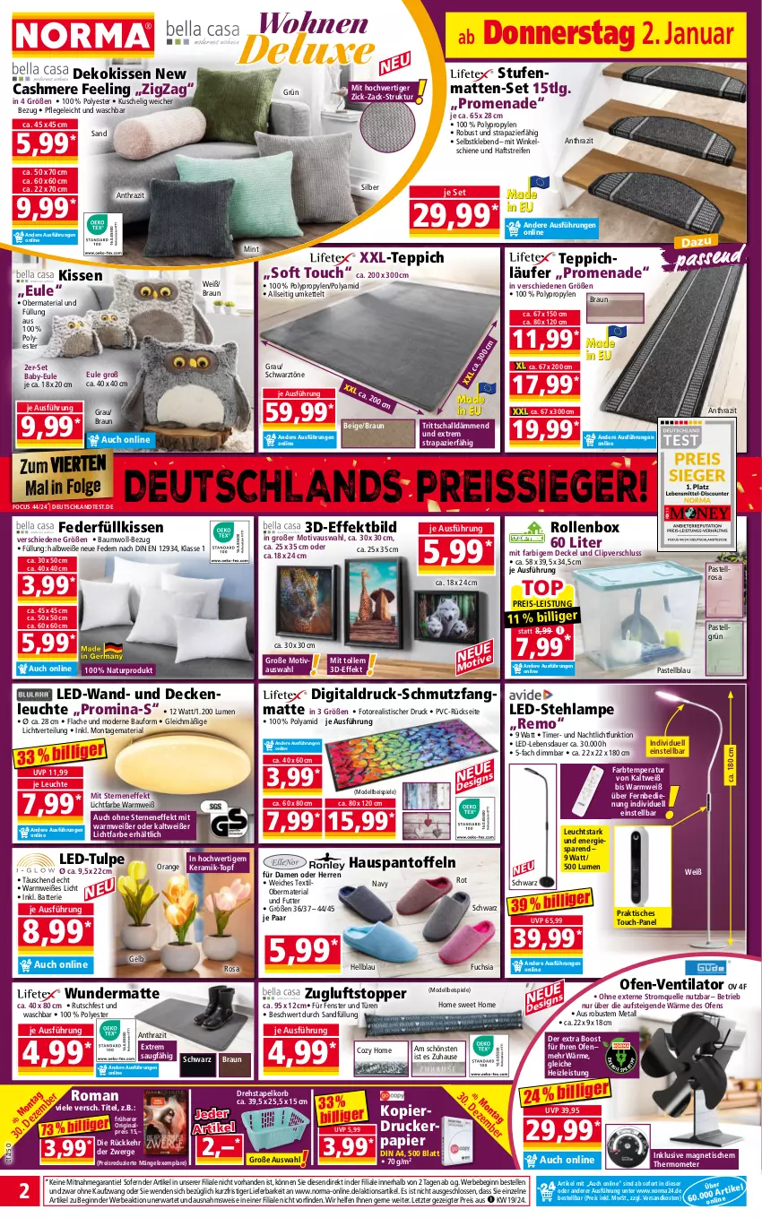 Aktueller Prospekt Norma - Norma - von 30.12.2024 bis 06.01.2025 - strona 2 - produkty: auer, batterie, Bau, Bebe, braun, cashmere, decke, Deckel, deckenleuchte, dekokissen, dell, din a4, drucker, eis, elle, fenster, Fenster und Türen, fernbedienung, gin, Kette, kissen, korb, Lampe, Läufer, Leuchte, LG, mint, Mode, Nachtlicht, natur, ndk, Ofen, orange, Pantoffeln, papier, reifen, reis, reiss, Ria, Rollenbox, Schal, Spiele, Stehlampe, Stufenmatten, teppich, thermometer, Ti, timer, tisch, topf, topper, ventilator, ZTE, Zugluftstopper