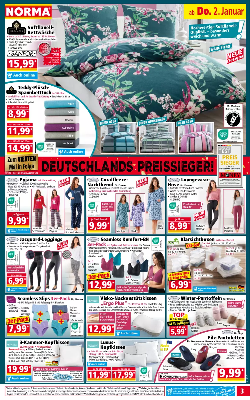 Aktueller Prospekt Norma - Norma - von 30.12.2024 bis 06.01.2025 - strona 3 - produkty: aqua, asti, aubergine, Bau, baumwolle, Bebe, bett, Betttuch, bettwäsche, Brei, bügel, Cognac, Coral, daunen und federn, decke, Deckel, decksohle, eis, Elan, elle, ente, flieder, gin, hemd, hose, kissen, Klarsichtbox, kopfkissen, Kuschelweich, leggings, LG, mab, mikrofaser, mint, Nachthemd, nackenstützkissen, ndk, Pantoffeln, pantolette, pantoletten, pingui, Plüsch, Pyjama, reis, reiss, Ria, slip, slips, spannbetttuch, Spezi, Spiele, tee, Ti, Tipi, tisch, tuc, wein, wolle, ZTE