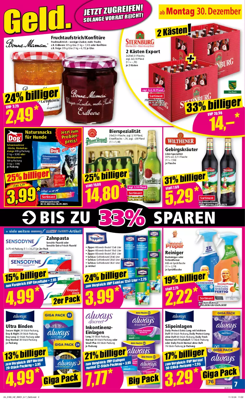 Aktueller Prospekt Norma - Norma - von 30.12.2024 bis 06.01.2025 - strona 7 - produkty: aeg, aufstrich, aust, Bad, beere, beutel, bier, binden, eis, erdbeere, flasche, frucht, fruchtaufstrich, gefrierbeutel, gin, konfitüre, kräuter, likör, natur, pasta, reiniger, reis, rind, rinder, schwein, schweine, slip, slipeinlagen, snack, snacks, Spezi, sprühflasche, Ti, weck, wein, weine, zahnpasta, Zelt, zipper, zucker