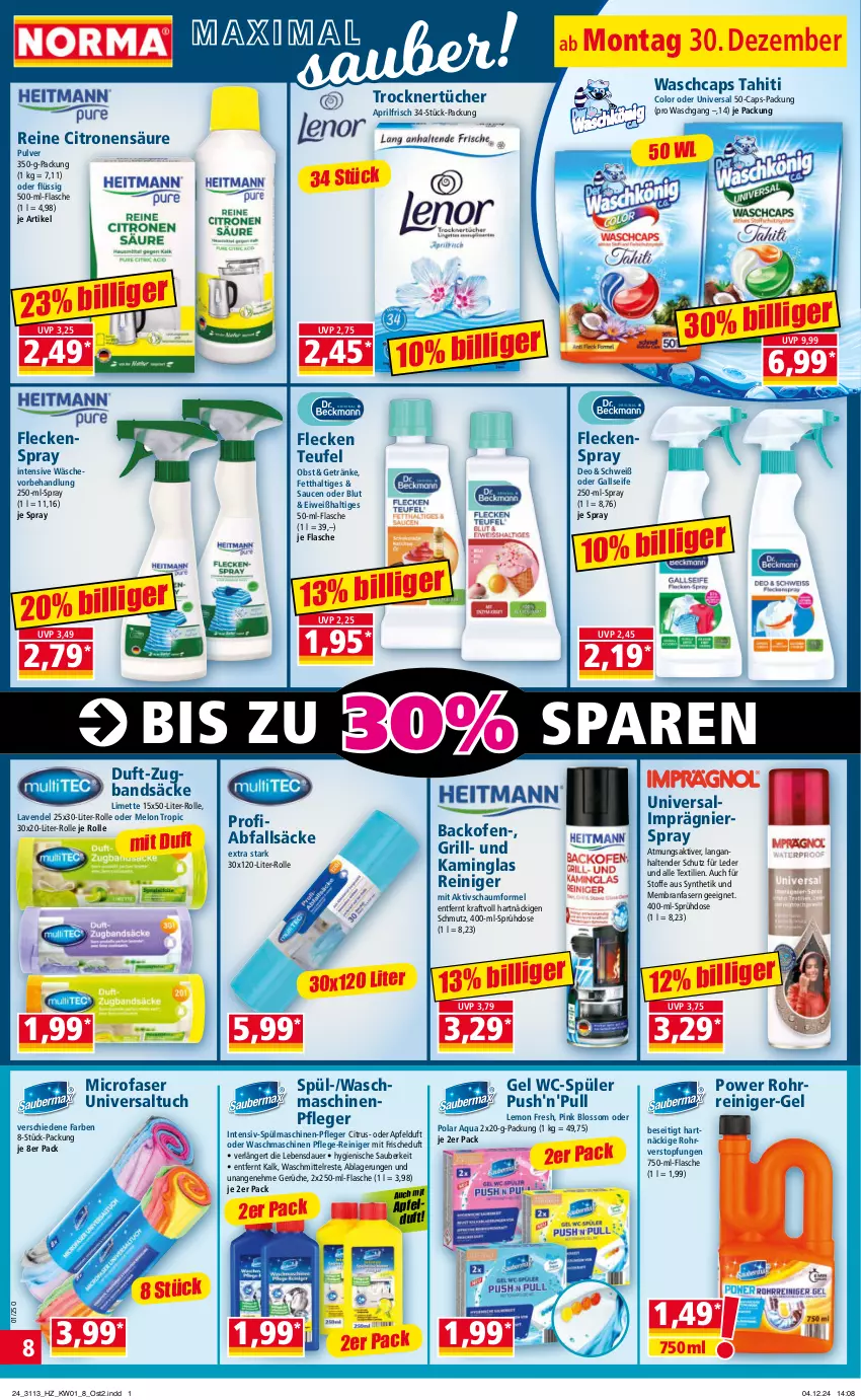 Aktueller Prospekt Norma - Norma - von 30.12.2024 bis 06.01.2025 - strona 8 - produkty: apfel, aqua, auer, backofen, Cap, citrus, deo, flasche, getränk, getränke, grill, Kamin, kraft, lavendel, limette, Maschinenpfleger, Mett, obst, Ofen, pril, reiniger, sauce, saucen, Seife, spülmaschinen, tender, Ti, topf, Trockner, tuc, tücher, waschmaschine, waschmaschinen, waschmittel