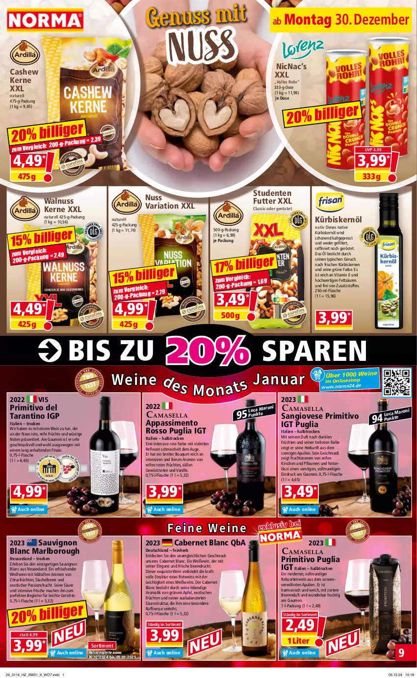 Aktueller Prospekt Norma - Norma - von 30.12.2024 bis 06.01.2025 - strona 9 - produkty: apfel, beere, beeren, Brei, cabernet, Cashew, decke, Elan, ente, finesse, flasche, frucht, früchte, früchten, gewürz, kirsch, kirsche, kirschen, kraft, Kürbis, kürbiskerne, Kürbiskernöl, mac, Mode, natur, nuss, passionsfrucht, pflaume, pflaumen, primitivo, reifen, rel, Ria, rotwein, sauvignon, sauvignon blanc, sim, Ti, tisch, usb, vanille, vita, walnuss, Walnuss Kerne, wein, weine, Weißwein