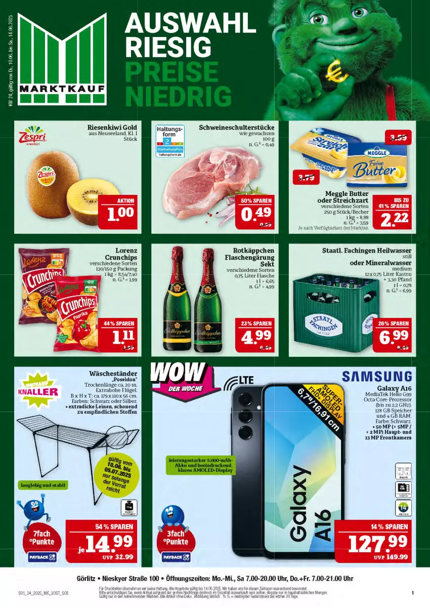 Aktueller Prospekt Marktkauf - Prospekt - von 08.06 bis 14.06.2025 - strona 1 - produkty: Alwa, Becher, butter, chips, crunchips, eis, Elan, flasche, frontkamera, kamera, kiwi, Kiwi Gold, leine, lorenz, lorenz crunchips, meggle, mineralwasser, reis, rotkäppchen, Samsung, samsung galaxy, Samsung Galaxy A, schwein, schweine, sekt, Staatl. Fachingen, Streichzart, Ti, wasser, wein, weine, ZTE