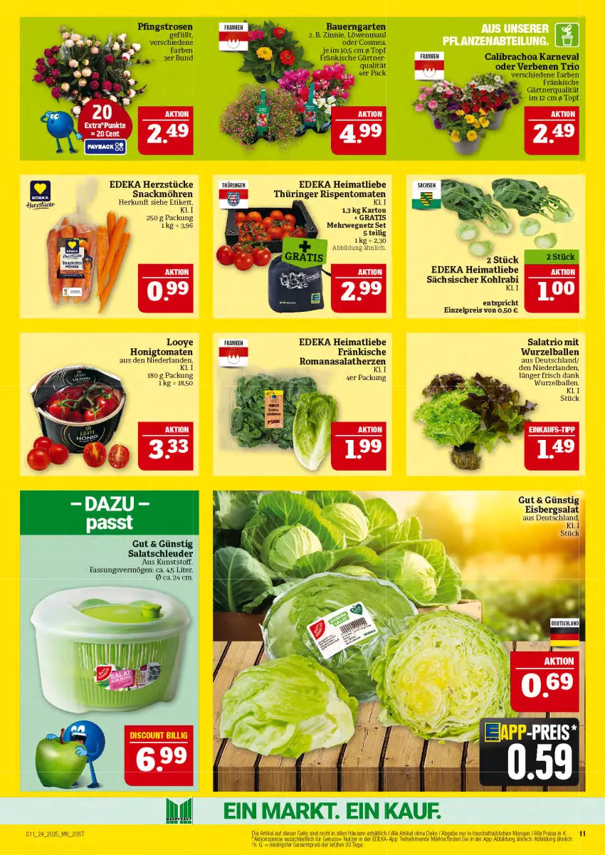 Aktueller Prospekt Marktkauf - Prospekt - von 08.06 bis 14.06.2025 - strona 11 - produkty: aktionspreis, auer, ball, Bau, Bauer, calibrachoa, cosmea, deka, eis, eisbergsalat, Garten, honig, Honigtomaten, kohlrabi, löwenmaul, möhren, nuss, Pfingstrosen, reis, ring, rispentomaten, Romanasalat, rosen, rwe, sac, salat, salatherzen, snack, Ti, tomate, tomaten, topf, ZTE