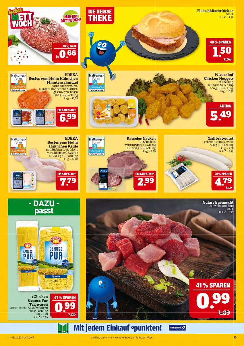 Aktueller Prospekt Marktkauf - Prospekt - von 08.06 bis 14.06.2025 - strona 15 - produkty: auer, bratwurst, brötchen, chicken nuggets, deka, dip, eis, fleisch, fleischkäse, gewürz, grill, grillbratwurst, gulasch, hähnchenbrust, Käse, kasseler, minutenschnitzel, natur, nuggets, nuss, reis, rind, schnitten, schnitzel, schwein, schwein und rind, teigwaren, wein, wiesenhof, wurst, ZTE