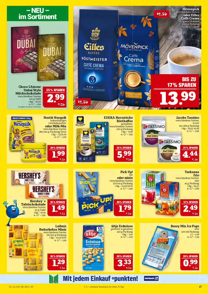 Aktueller Prospekt Marktkauf - Prospekt - von 08.06 bis 14.06.2025 - strona 27 - produkty: bohne, bohnen, butter, butterkeks, caffe, deka, eis, erdnüsse, getränk, getränke, getränkepulver, jacobs, jacobs tassimo, kaffee, kakao, keks, kekse, leibniz, Meister, milch, nesquik, payback, Pick Up!, reis, röstkaffee, salz, schoko, schokolade, sim, tafelschokolade, tassimo, tee, teekanne, Ti, ültje, ültje erdnüsse, ZTE