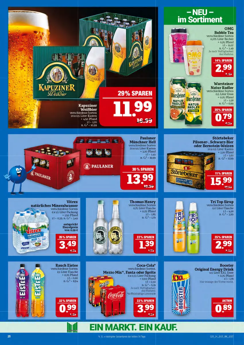 Aktueller Prospekt Marktkauf - Prospekt - von 08.06 bis 14.06.2025 - strona 28 - produkty: Alwa, Becher, bier, coca-cola, cola, drink, eis, eistee, energy drink, fanta, fanta oder, fanta oder sprite, flasche, gin, Mezzo Mix, mineralwasser, natur, natur radler, natürliches mineralwasser, oder sprite, Paula, paulaner, pils, pilsener, radler, Rauch, reis, sirup, sprite, steiner, störtebeker, tee, thomas henry, Ti, vitrex, warsteiner, wasser