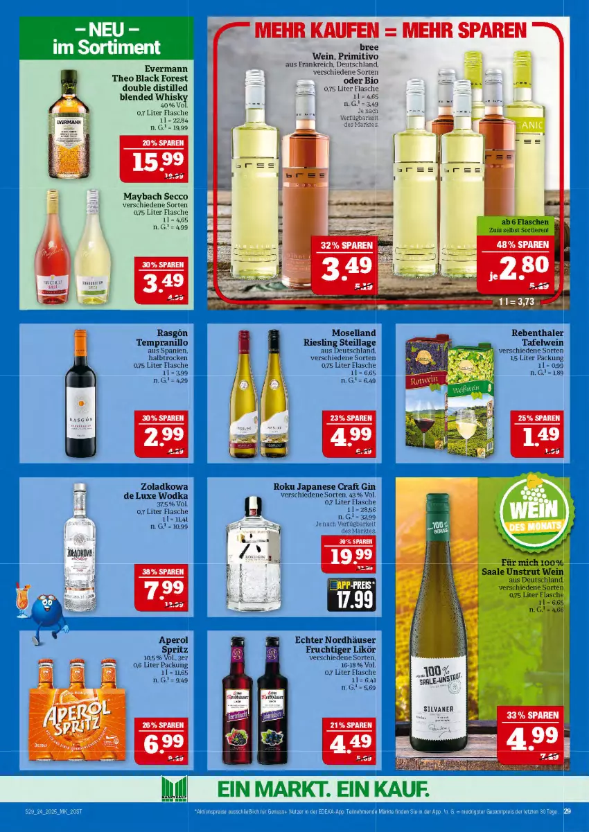 Aktueller Prospekt Marktkauf - Prospekt - von 08.06 bis 14.06.2025 - strona 29 - produkty: aperol, bio, black forest, bree, deka, ecco, eis, flasche, frucht, gin, lack, likör, maybach, moselland, nerf, nuss, primitivo, reis, riesling, silvaner, tempranillo, Ti, Tiere, wein, whisky, wodka, ZTE