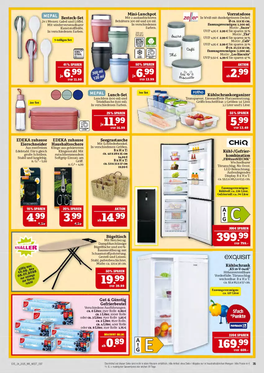 Aktueller Prospekt Marktkauf - Prospekt - von 08.06 bis 14.06.2025 - strona 35 - produkty: Bau, Behälter, beleuchtung, besteck, besteck-set, beutel, bügel, bügeltisch, decke, Deckel, deka, edelstahl, eier, eis, flasche, gabel, gefrierbeutel, henkel, HP, kühlschrank, led-beleuchtung, leine, LG, Liege, Löffel, lunchbox, messer, reis, rwe, Schere, Schrank, Tasche, Ti, tisch, trinkflasche, türanschlag wechselbar, ZTE