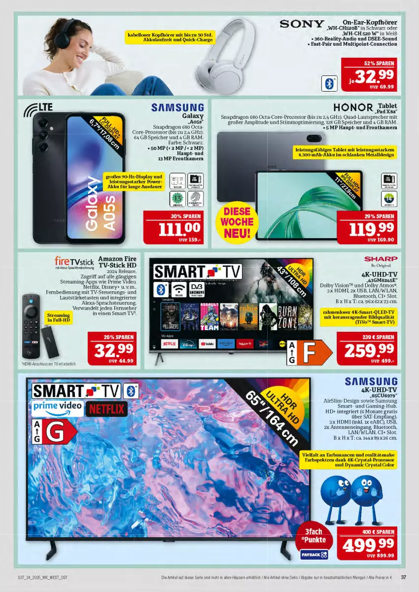 Aktueller Prospekt Marktkauf - Prospekt - von 08.06 bis 14.06.2025 - strona 37 - produkty: alexa, deo, disney, eis, fernbedienung, fernseher, frontkamera, gin, HDMI, Honor, kamera, kopfhörer, lautsprecher, netflix, quad, reis, rel, Samsung, samsung galaxy, Sharp, sim, sony, tablet, Ti, uhd, UHD-TV, usb