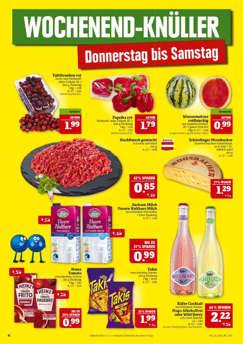 Aktueller Prospekt Marktkauf - Prospekt - von 08.06 bis 14.06.2025 - strona 42 - produkty: alkohol, cin, cocktail, eis, flasche, fleisch, früchte, hackfleisch, hackfleisch gemischt, haltbare milch, heinz, hugo, käfer, Käse, melone, milch, österreichischer schnittkäse, paprika, reis, rind, sac, Schärdinger, schnitten, schnittkäse, schwein, schwein und rind, tafeltrauben, Ti, trauben, wasser, wassermelone, wein, Wild, wild berry, ZTE