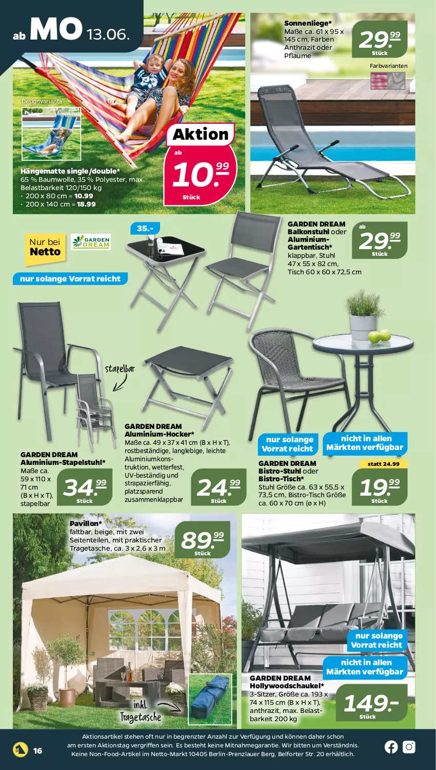 Aktueller Prospekt Netto - Angebote ab Montag - von 13.06 bis 18.06.2022 - strona 16 - produkty: auer, Bau, baumwolle, ente, Garten, gartentisch, hängematte, hocker, hollywoodschaukel, Liege, pavillon, pflaume, Ria, Schaukel, sonnenliege, stapelstuhl, stuhl, Tasche, Ti, tisch, tragetasche, wolle, ZTE