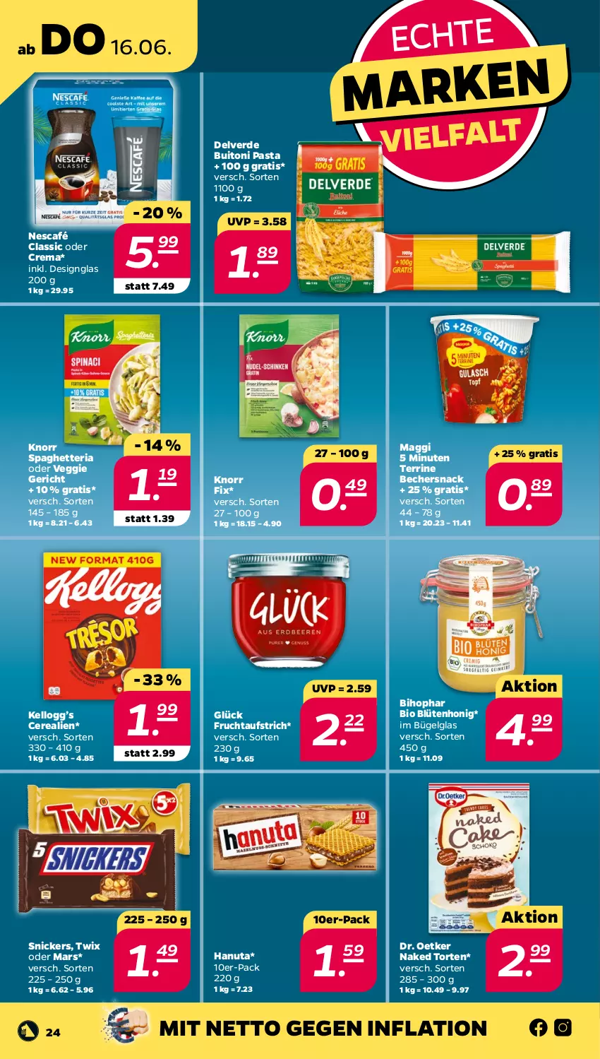 Aktueller Prospekt Netto - Angebote ab Montag - von 13.06 bis 18.06.2022 - strona 24 - produkty: aufstrich, Becher, bihophar, bio, Blüte, blütenhonig, bügel, buitoni, buitoni pasta, cerealien, Dr. Oetker, erde, frucht, fruchtaufstrich, hanuta, honig, knorr, knorr fix, LG, maggi, mars, Nescafé, pasta, Ria, snack, snickers, terrine, Ti, torte, twix, veggie