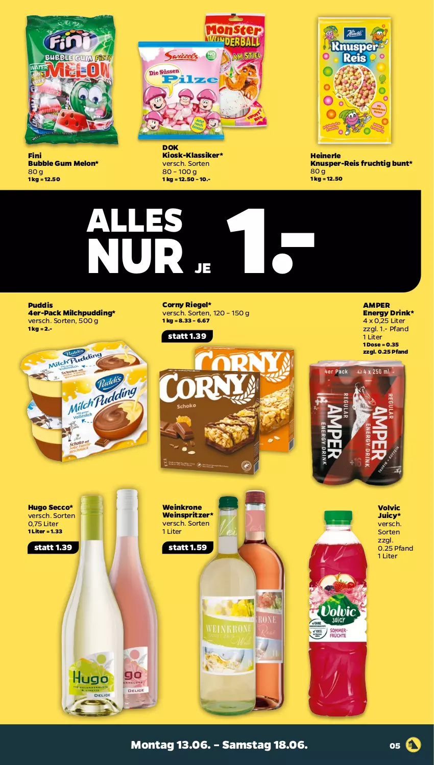 Aktueller Prospekt Netto - Angebote ab Montag - von 13.06 bis 18.06.2022 - strona 5 - produkty: corny, drink, ecco, eis, energy drink, frucht, HP, hugo, krone, milch, pudding, reis, riegel, Ti, volvic, wein