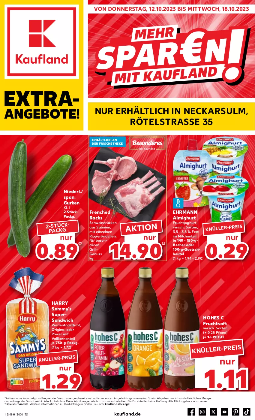 Aktueller Prospekt Kaufland - Extra-Angebote - von 12.10 bis 18.10.2023 - strona 1 - produkty: almighur, almighurt, angebot, angebote, Becher, beutel, brot, ehrmann, ehrmann almighurt, eis, frucht, fruchtjoghurt, fruchtsaft, gin, grill, gurke, gurken, Hohes C, joghur, joghurt, korn, LG, milch, nuss, quetschbeutel, Rippen, saft, sandwich, schwein, schweine, schweinerücken, Ti, toast, Toastbrot, wein, weine, ZTE