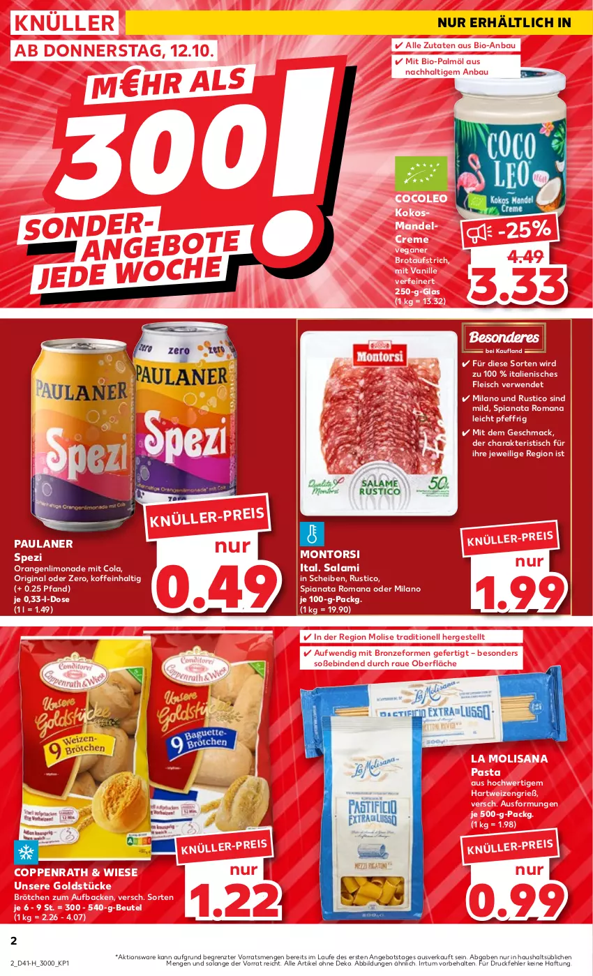 Aktueller Prospekt Kaufland - Extra-Angebote - von 12.10 bis 18.10.2023 - strona 2 - produkty: angebot, aufstrich, Bau, beutel, binden, bio, brot, brotaufstrich, brötchen, cola, coppenrath, creme, eis, fleisch, gin, Goldstücke, hartweizen, isana, kokos, limo, limonade, mac, mandel, montorsi, orange, orangen, pasta, Paula, paulaner, rwe, salami, sana, Soße, Spezi, Ti, tisch, vanille, ZTE