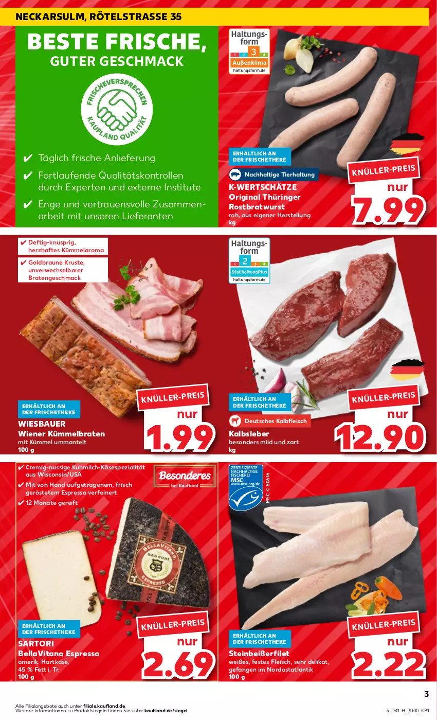 Aktueller Prospekt Kaufland - Extra-Angebote - von 12.10 bis 18.10.2023 - strona 3 - produkty: angebot, angebote, auer, Bau, Bauer, braten, bratwurst, braun, eis, espresso, filet, fleisch, gin, hartkäse, Kalbfleisch, Kalbsleber, Käse, Laufen, mac, Mantel, milch, nuss, original thüringer, ring, rostbratwurst, rwe, Spezi, Steinbeißer, Steinbeißerfilet, thüringer rostbratwurst, Ti, vita, wiener, wiesbauer, wurst