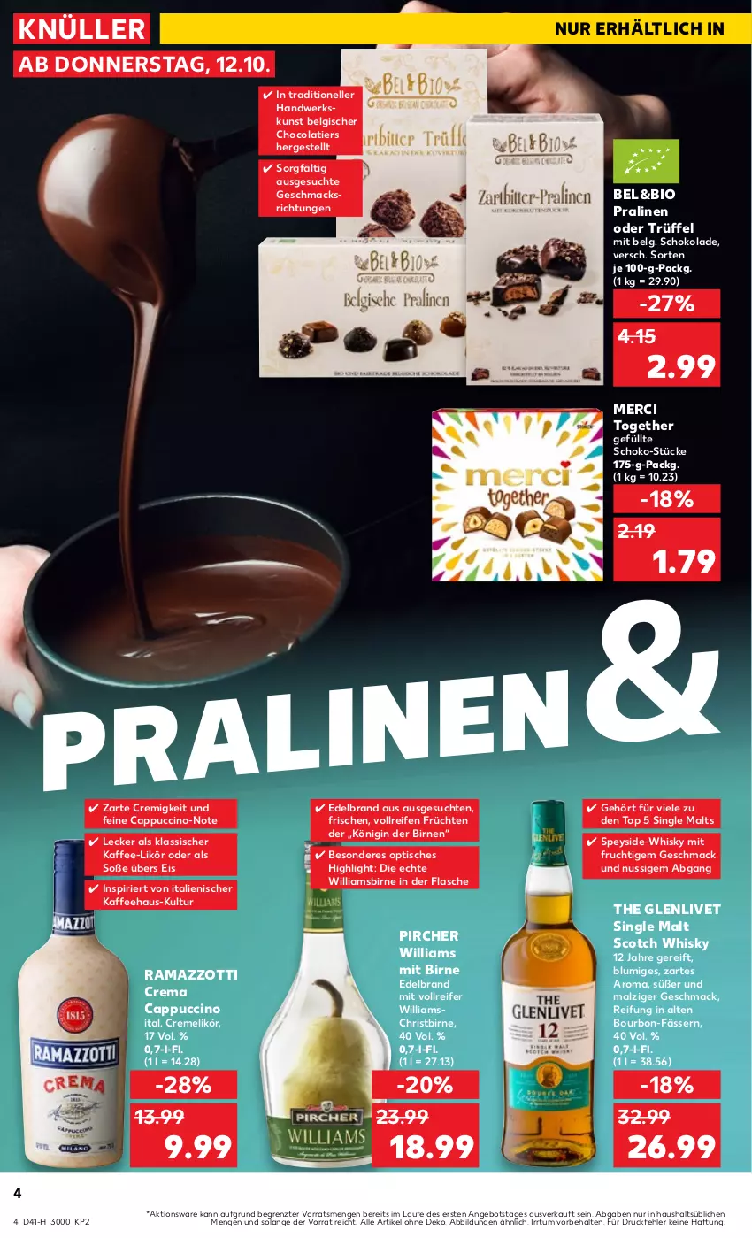 Aktueller Prospekt Kaufland - Extra-Angebote - von 12.10 bis 18.10.2023 - strona 4 - produkty: angebot, bio, Birnen, bourbon, Cap, cappuccino, cin, cola, creme, eis, elle, flasche, frucht, früchte, früchten, gin, kaffee, LG, likör, mac, malz, merci, mit frucht, nuss, pircher, pralinen, rama, ramazzott, ramazzotti, reifen, schoko, schokolade, scotch, scotch whisky, single malt, Soße, Ti, tisch, Trüffel, whisky, zott, ZTE