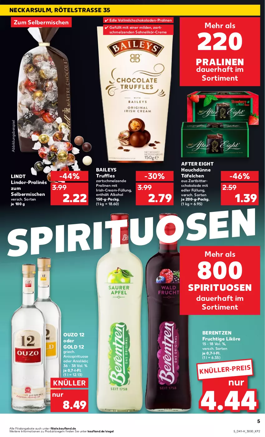 Aktueller Prospekt Kaufland - Extra-Angebote - von 12.10 bis 18.10.2023 - strona 5 - produkty: after eight, alkohol, angebot, angebote, auer, baileys, berentzen, creme, eis, frucht, likör, lindor, lindt, milch, ouzo, ouzo 12, pralinen, sahne, schoko, schokolade, schokoladen, spirituosen, Ti, vollmilch, Zartbitterschokolade