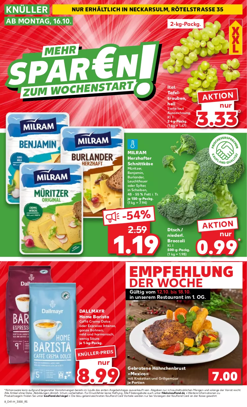 Aktueller Prospekt Kaufland - Extra-Angebote - von 12.10 bis 18.10.2023 - strona 8 - produkty: angebot, angebote, bohne, bohnen, braten, broccoli, burlander, caffè crema, dallmayr, eis, erde, espresso, grill, hähnchenbrust, intenso, Käse, Kette, Kroketten, LG, milram, oder espresso, schnittkäse, Sylter, tafeltrauben, Ti, trauben, ZTE