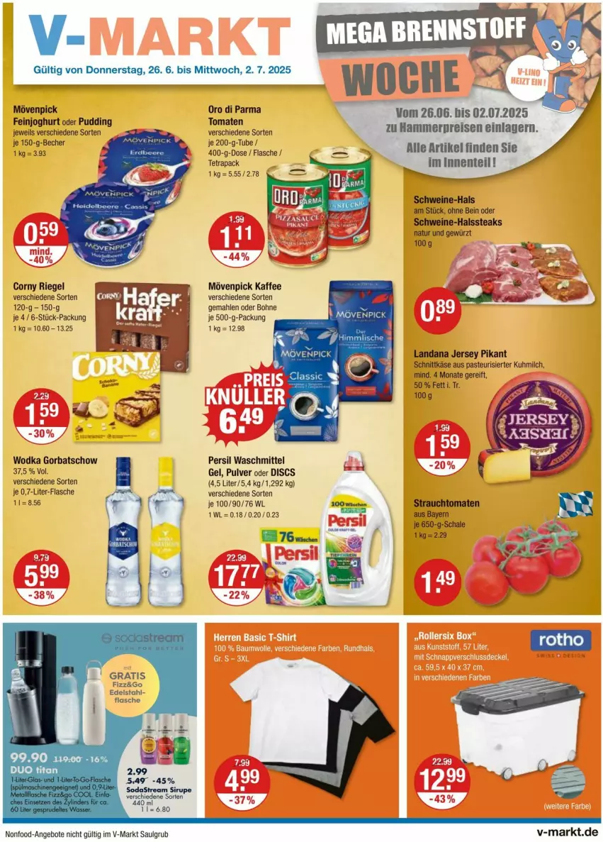 Aktueller Prospekt Vmarkt - Prospekte - von 26.06 bis 02.07.2025 - strona 1 - produkty: angebot, angebote, Becher, bohne, corny, edelstahl, eis, ente, flasche, gewürz, Gorbatschow, kaffee, Käse, LG, milch, mövenpick, mövenpick kaffee, natur, persil, persil waschmittel, Rauch, reis, riegel, Schal, Schale, schnittkäse, schwein, schweine, sirup, Soda, sodastream, steak, steaks, strauchtomaten, Ti, tomate, tomaten, waschmittel, wein, weine, wodka