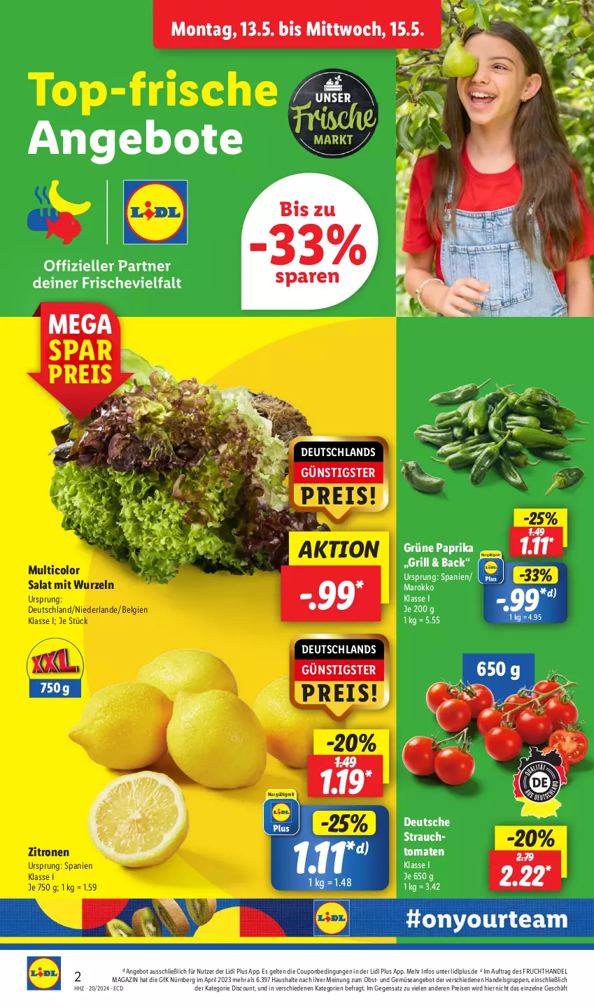 Aktueller Prospekt Lidl - Aktionsprospekt - von 13.05 bis 18.05.2024 - strona 2 - produkty: angebot, angebote, coupon, discount, eis, frucht, grill, LG, magazin, obst, paprika, pril, Rauch, reis, salat, Ti, tomate, tomaten, und gemüse, zitrone, zitronen