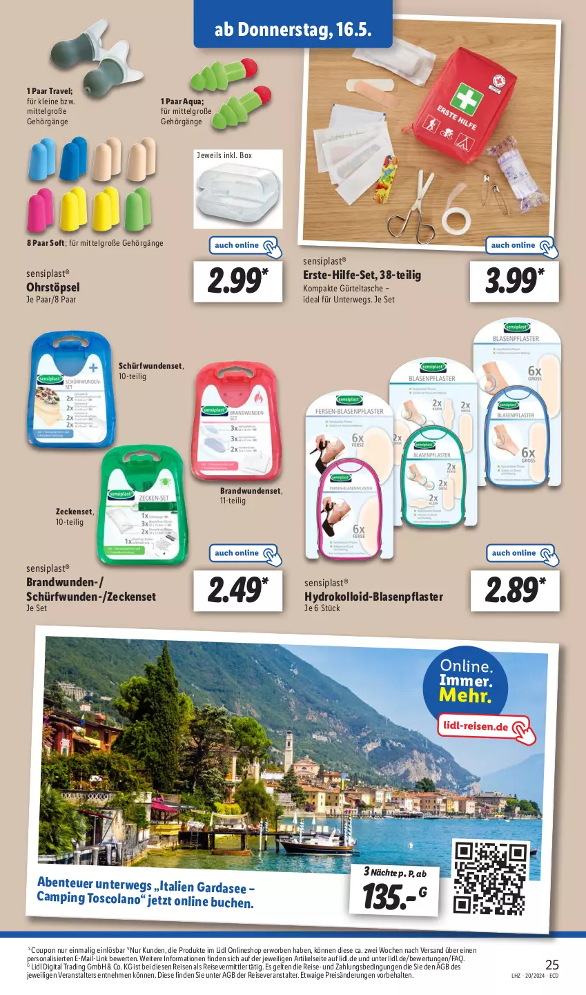 Aktueller Prospekt Lidl - Aktionsprospekt - von 13.05 bis 18.05.2024 - strona 29 - produkty: aqua, Blasenpflaster, buch, cola, coupon, eis, ente, gürteltasche, italien gardasee, leine, LG, Persona, pflaster, reis, reiseveranstalter, rwe, Tasche, Ti