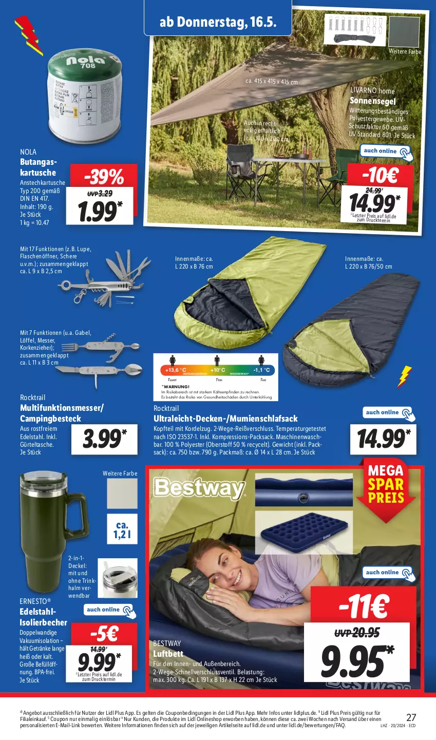 Aktueller Prospekt Lidl - Aktionsprospekt - von 13.05 bis 18.05.2024 - strona 33 - produkty: angebot, Becher, besteck, bestway, bett, coupon, decke, Deckel, edelstahl, eis, ernesto, flasche, flaschenöffner, gabel, Gesundheit, getränk, getränke, gürteltasche, isolierbecher, Löffel, luftbett, messer, Persona, reis, rwe, sac, Schere, schlafsack, sonnensegel, Tasche, tee, Ti, ZTE