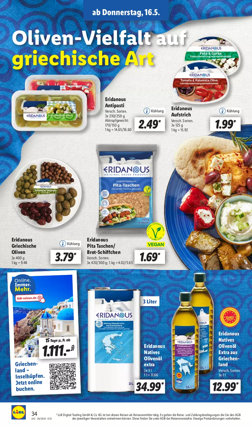 Aktueller Prospekt Lidl - Aktionsprospekt - von 13.05 bis 18.05.2024 - strona 40 - produkty: antipasti, asti, aufstrich, brot, buch, eis, natives olivenöl, olive, oliven, olivenöl, olivenöl extra, reis, reiseveranstalter, Schiffchen, Tasche, taschen, Ti