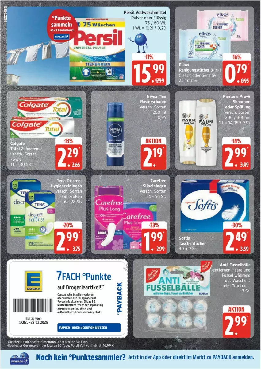 Aktueller Prospekt Edeka - Prospekte - von 17.02 bis 22.02.2025 - strona 22 - produkty: angebot, carefree, coupon, eis, Heu, payback, persil, Rasierschaum, reis, shampoo, slip, slipeinlagen, spülung, Tasche, taschen, taschentücher, tesa, Ti, tücher, vollwaschmittel, waschmittel, ZTE